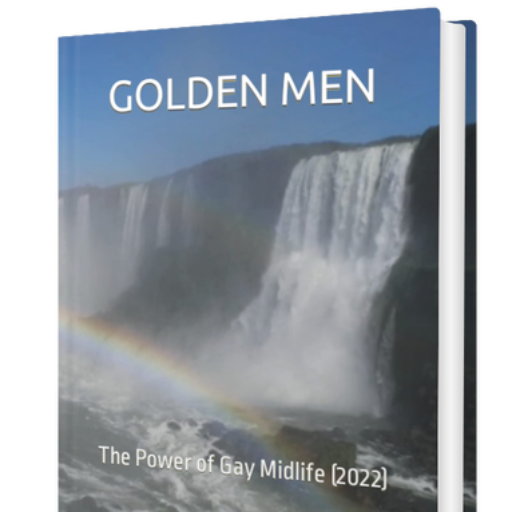 A book cover titled "GOLDEN MEN - The Power of Gay Midlife (2022)" by Harold Kooden, featuring a waterfall with a rainbow in front of it.