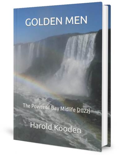 A book cover titled "GOLDEN MEN - The Power of Gay Midlife (2022)" by Harold Kooden, featuring a waterfall with a rainbow in front of it.