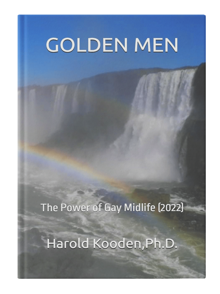 A book cover titled "GOLDEN MEN - The Power of Gay Midlife (2022)" by Harold Kooden, featuring a waterfall with a rainbow in front of it.